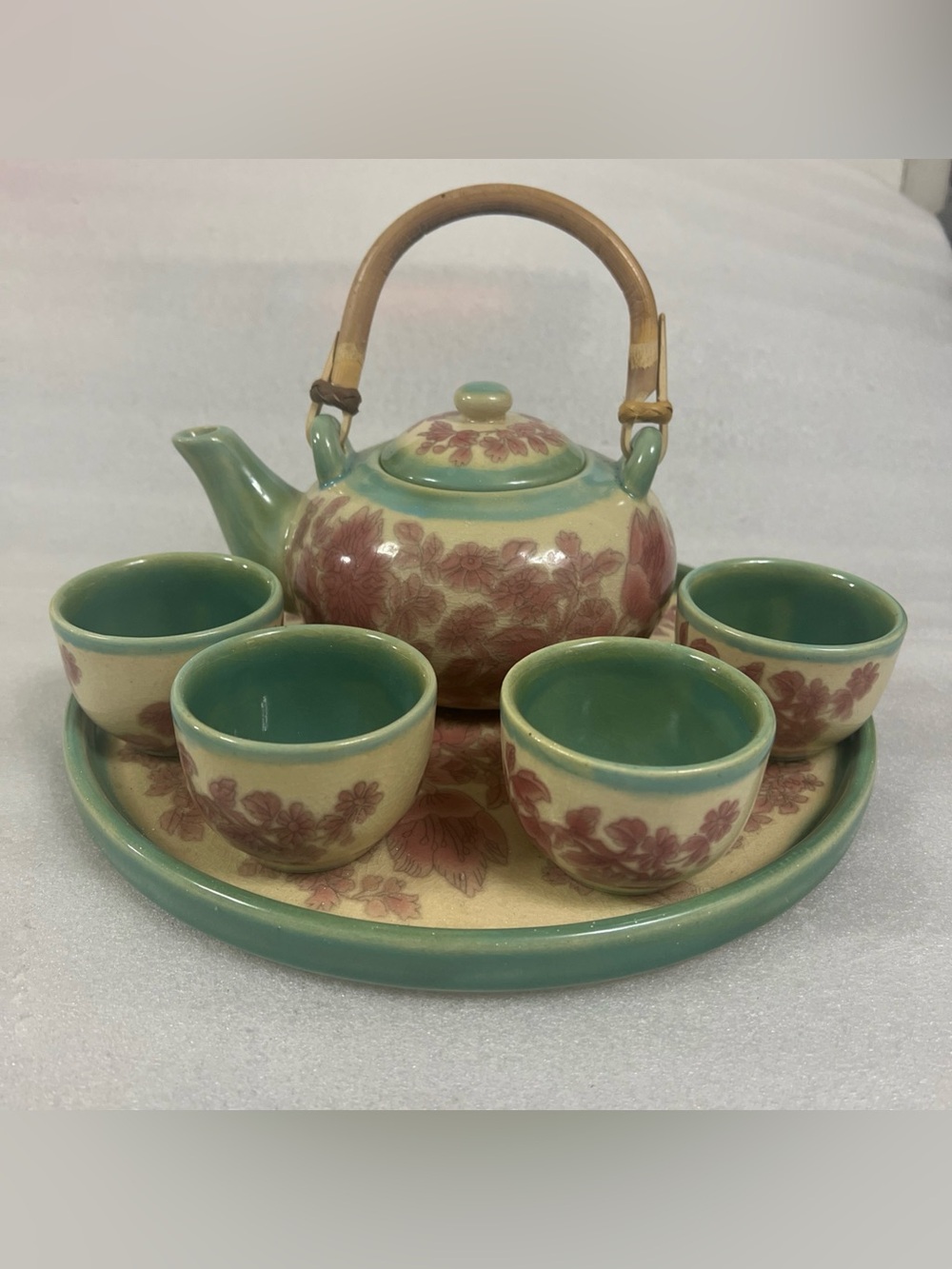 Pier 1 Imports Teapot w/ 4 Teacups and 11" Cake Plate Shabby Chic Tea Set